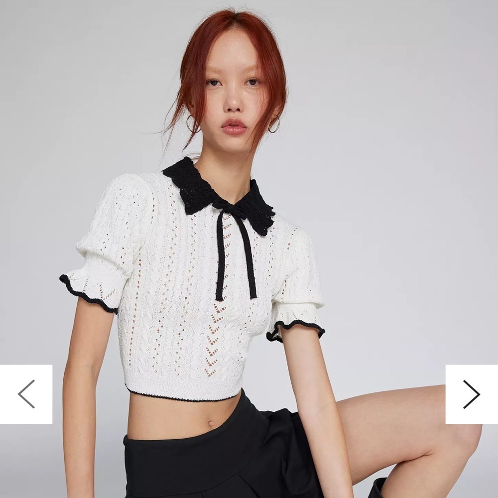NWOT Kimchi Blue Carlie Pointelle Short Sleeve Sweater Cream Black Small - Picture 3 of 13
